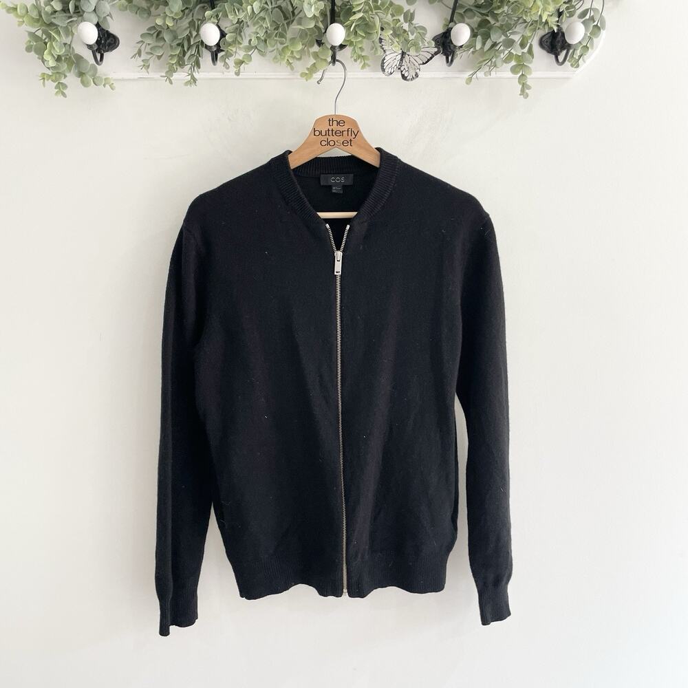 COS Black 100% Wool Full Zip Long Sleeve sweater Sz EUR M/US 6-8 9-5280